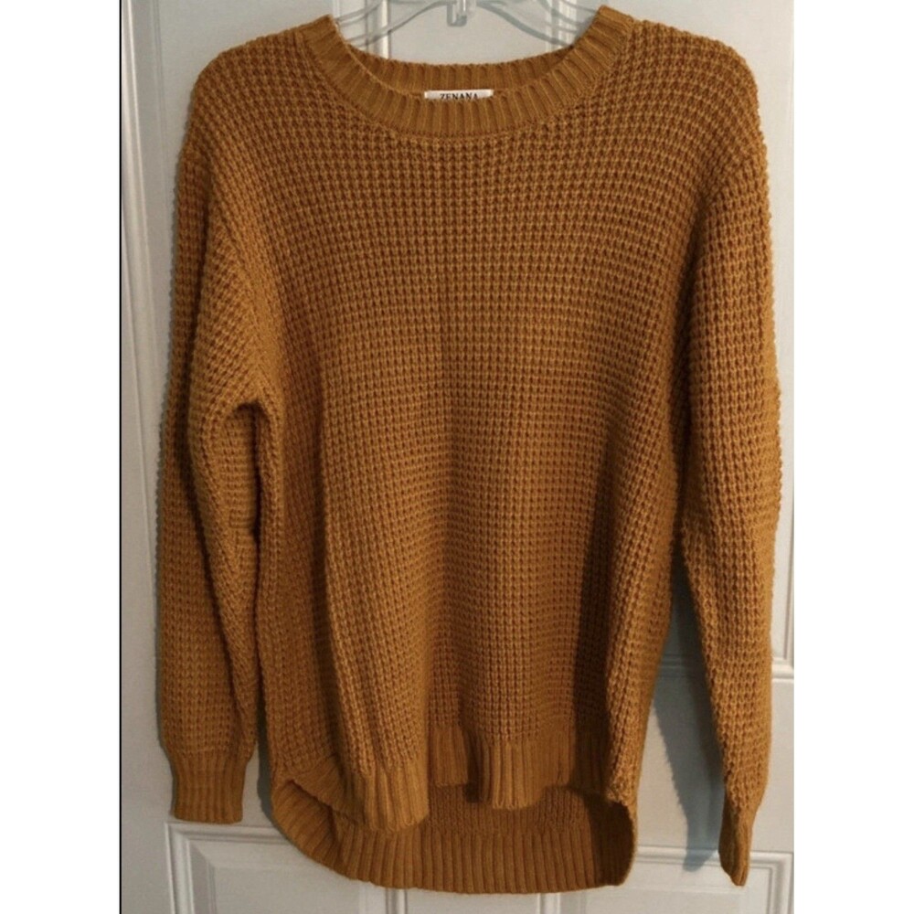 Zenana Ribbed Crochet Sweater Women’s Small Mustard Chunky Waffle